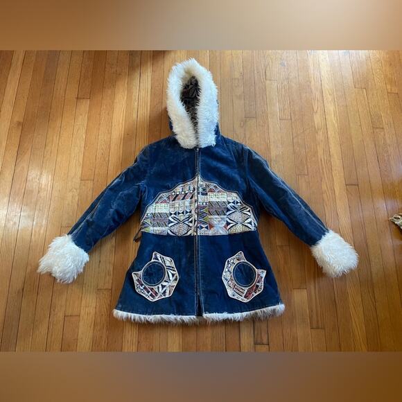 70s Vintage Blue Crush Velvet Penny Lane Style Coat w Faux Fur Trim and Hood - Picture 5 of 10